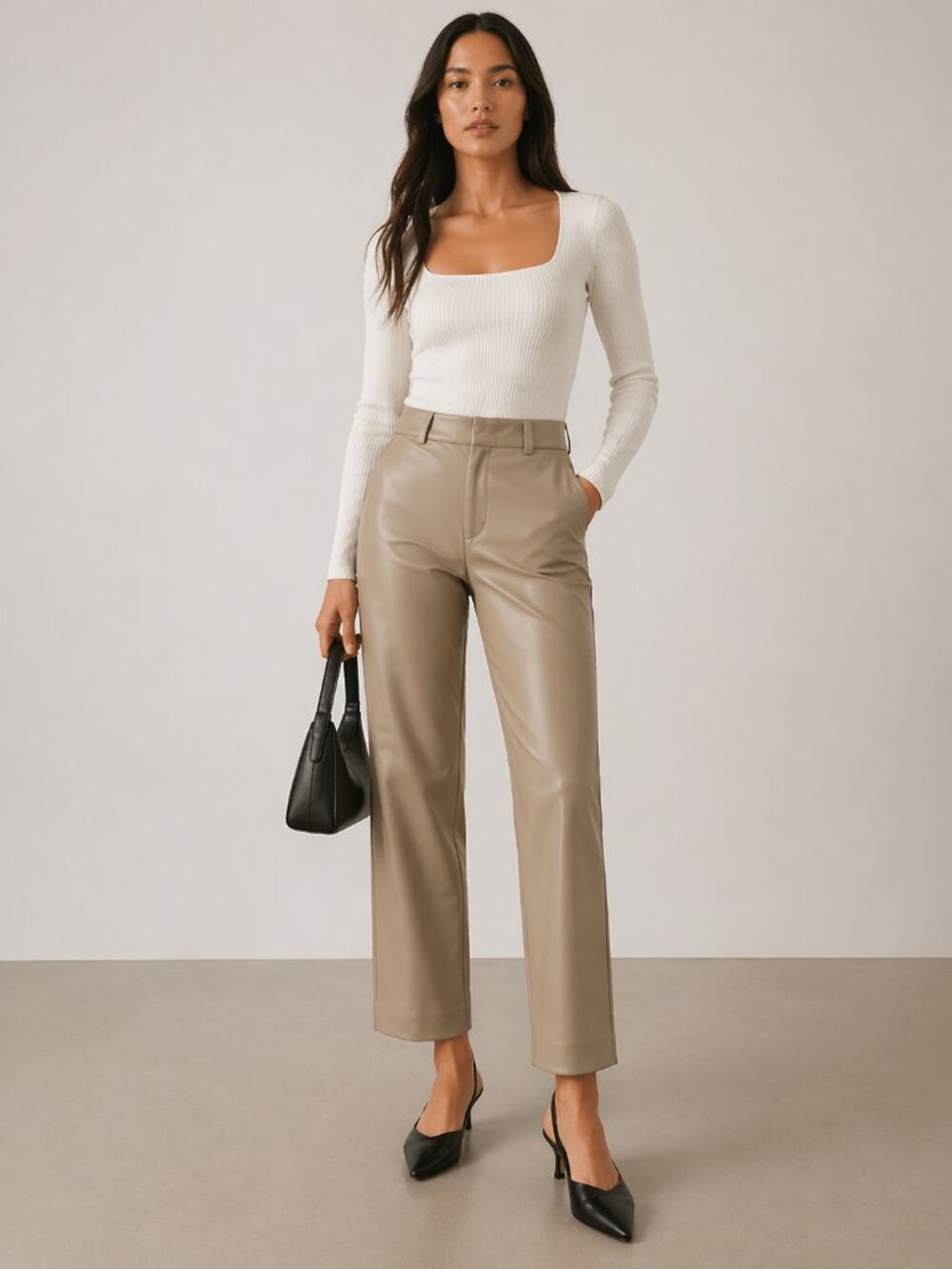 Babaton Vegan Leather Pants Size 4 Beige Straight Leg